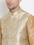 Vastramay Men's Rose Gold Jacquard Jacket With Kurta Dhoti Set